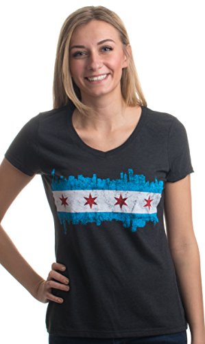 Ann Arbor T-shirt Co. Chicago City Flag Skyline | Vintage Retro Triblend V-Neck Shirt Top For Women