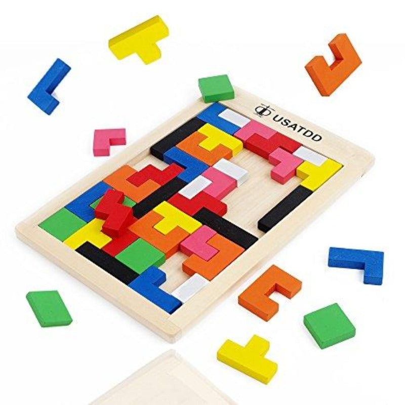 Children's Wooden Tetris Tangram Jigsaw Brain Teaser Puzzle