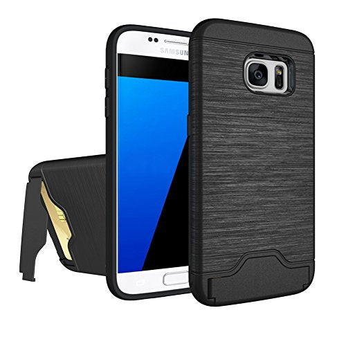 Galaxy S7 Case Wire Drawing Shockproof Hard Armor Card Slot Holder Protective Shell Kickstand