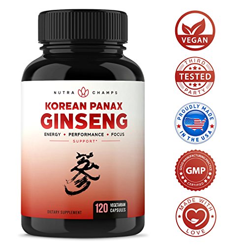 1000mg Red Panax Vegan Non GMO Ginseng Energy, Performance, Stamina Supplements - 120 Capsules