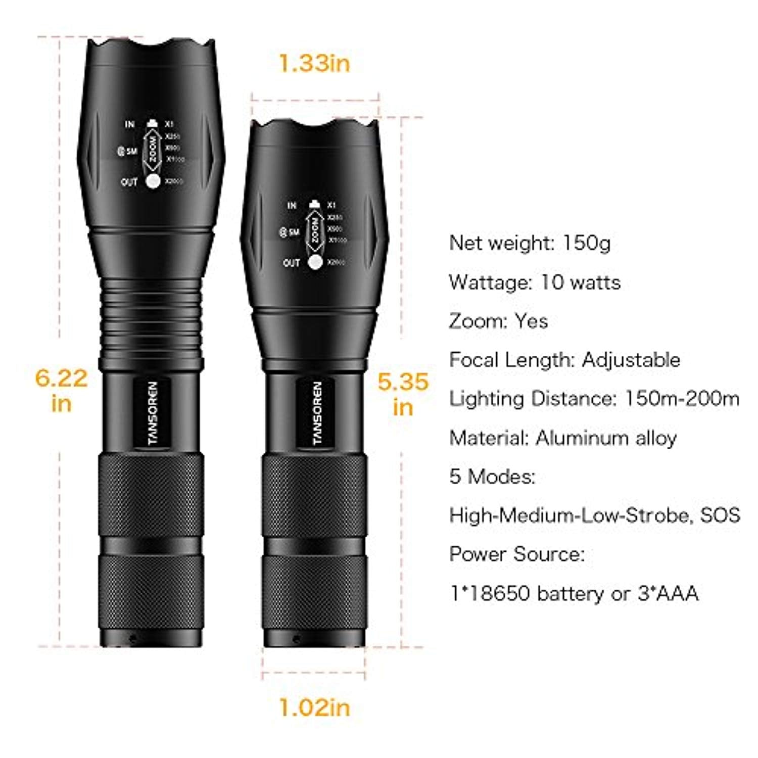 2 Pack: Tactical 10K Lumen High Powered 5-Mode LED Flashlight with 2 Buckle Carabiners