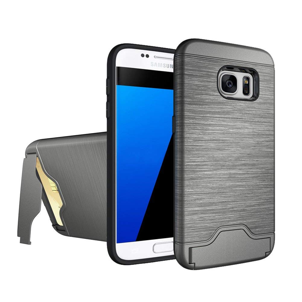 Galaxy S7 Case Wire Drawing Shockproof Hard Armor Card Slot Holder Protective Shell Kickstand