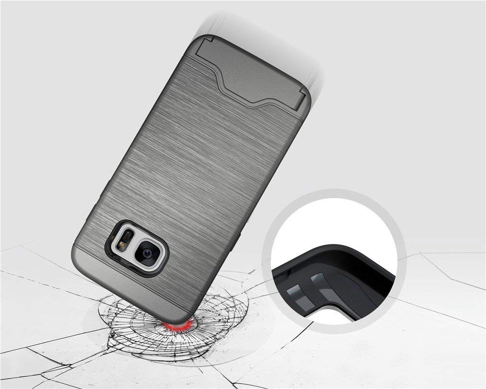 Galaxy S7 Case Wire Drawing Shockproof Hard Armor Card Slot Holder Protective Shell Kickstand