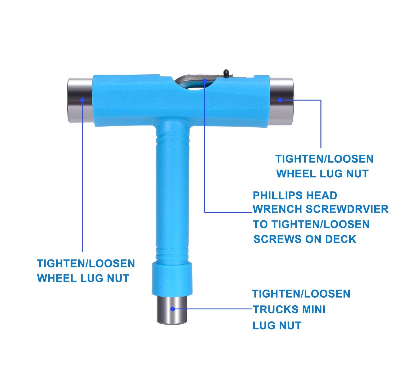 Zeato All-In-One Skate Tools Multi-function Portable Skateboard T Tool Accessory with T-type Allen Key and L-type Phillips Head Wrench Screwdriver