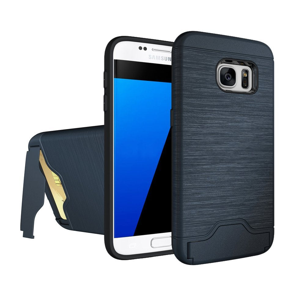 Galaxy S7 Case Wire Drawing Shockproof Hard Armor Card Slot Holder Protective Shell Kickstand