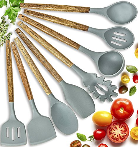 8 Piece: Natural Acacia Wooden Silicone Kitchen Cooking Utensil Set