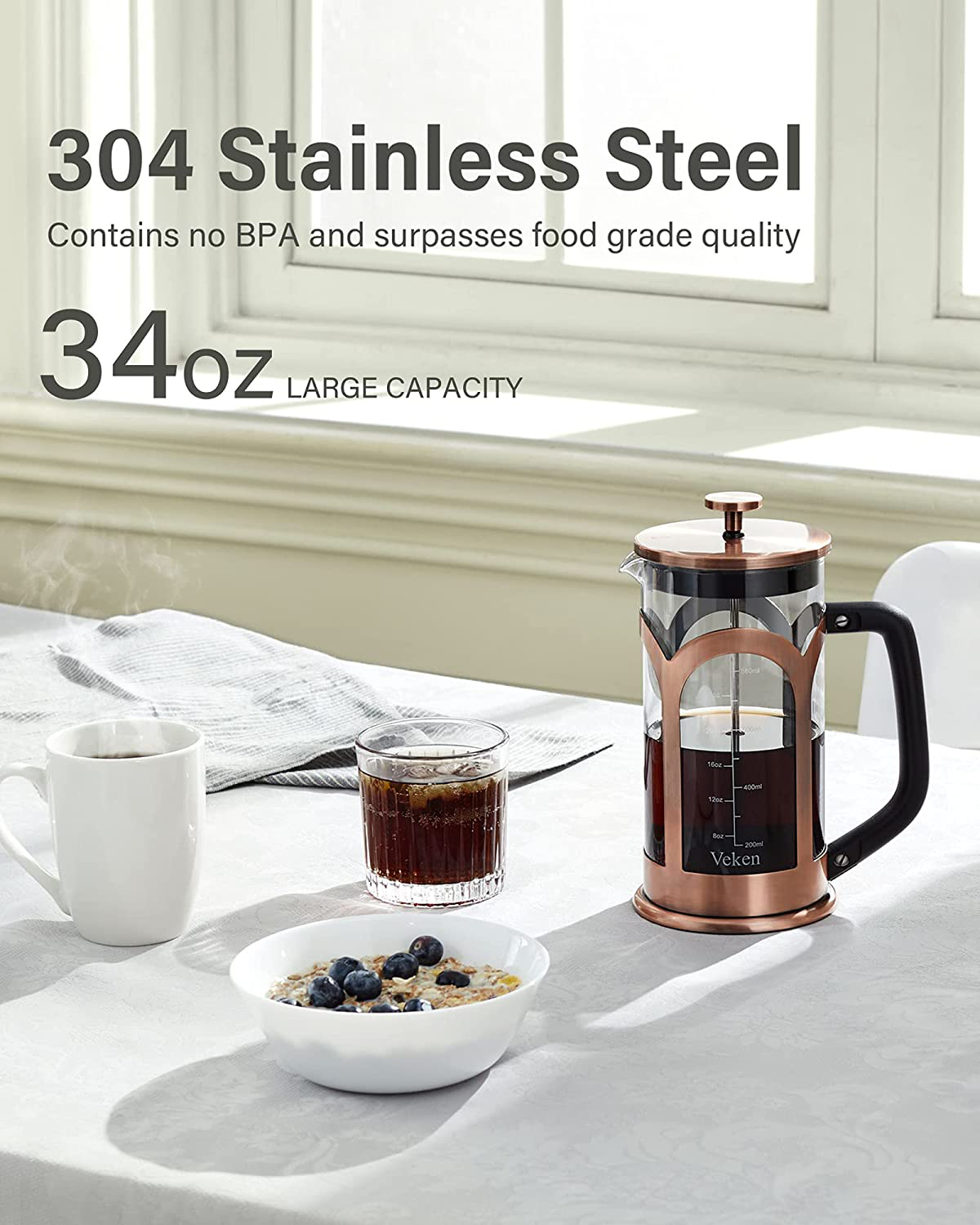 Veken French Press Coffee & Tea Maker, 304 Stainless Steel Heat Resistant Borosilicate Glass Coffee Press with 4 Filter Screens, Durable Easy Clean 100% BPA Free, 34oz, Grey