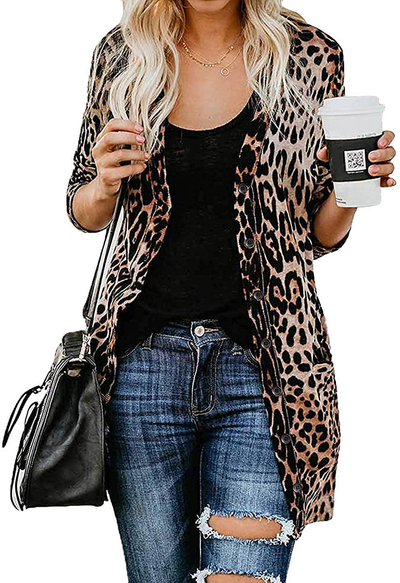 MYIFU Women's Leopard Print Sweater Cardigan Button Down Open Front Lightweight Shirt Outerwear with Pockets