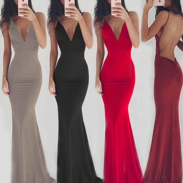 Sexy Solid Colored Spaghetti Strap Sleeveless Backless Party Dress