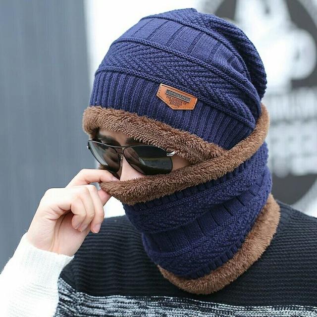 Acrylic Fur Lined Knitted Beanie and Neck Warmer
