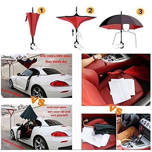 Double Layer Inverted Reverse Folding Windproof UV Protection Umbrellas with C-Shaped Handle