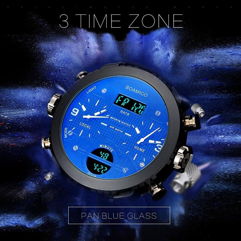 Men's Digital LED 3 Time Zone Quartz Wristwatch