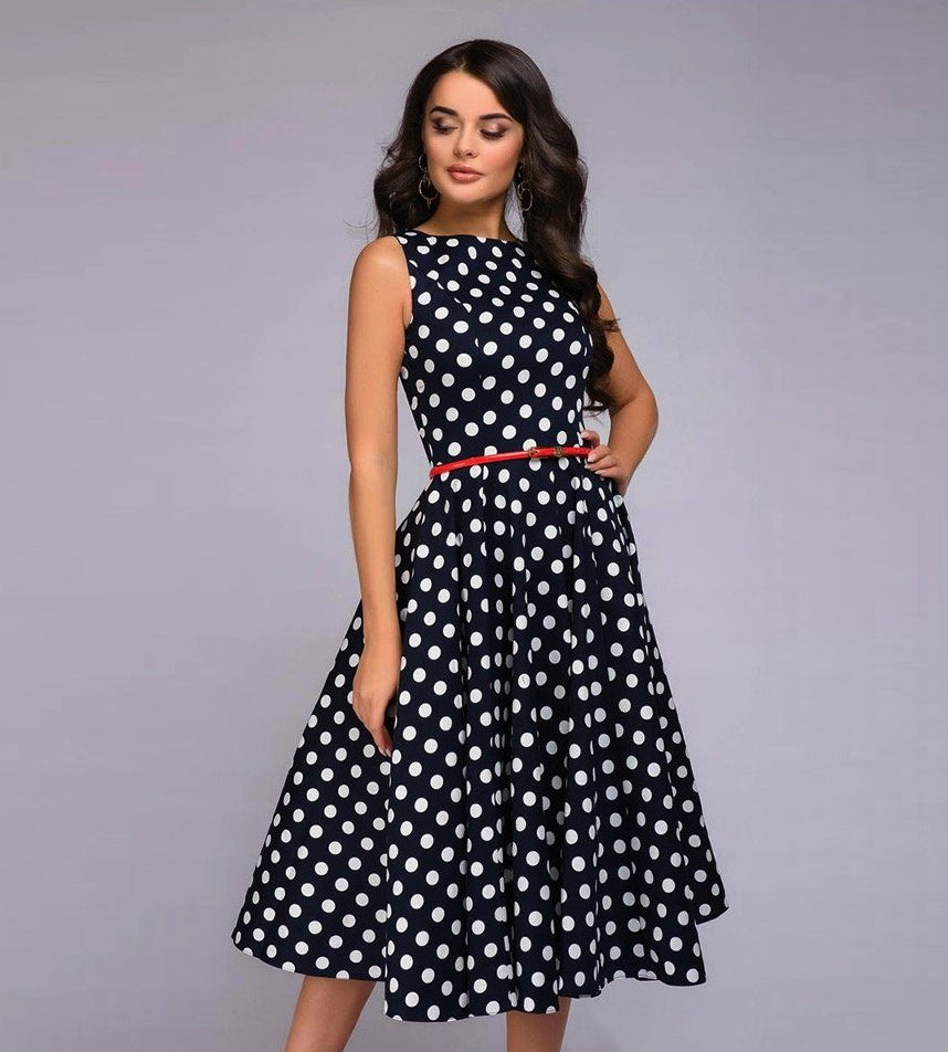 Women's Summer Sleeveless Polka Dot Print Dress Retro Style