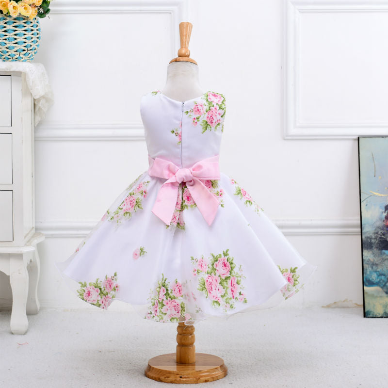Retail new style summer baby girl print flower girl dress for wedding girls party dress with bow dress for 2-8 Years LM008