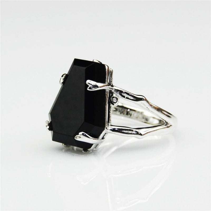 LASAMERO  Coffin Shape Natural Onyx Black Agate Gemstone 925 Sterling Silver Skeleton Claws Cross Finger Print   Party Ring