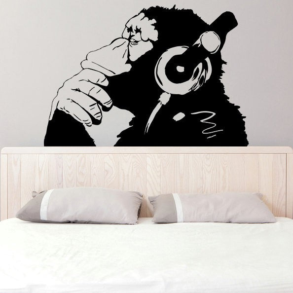 Banksy Vinyl Wall Decal Monkey With Headphones Chimp Listening to Music In Earphones Street Graffiti Sticker Mural Poster W-23