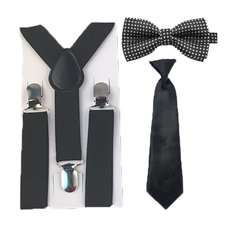 Boys Black Dots Suspenders Necktie Bowtie Ties Set