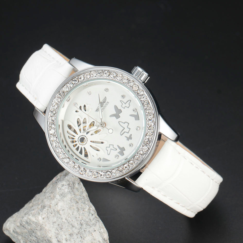 Luxury Brand WINNER Women Dress Watches Diamond Butterfly Flower Skeleton Dial Mechanical White Leather Band Ladies Wristwatches