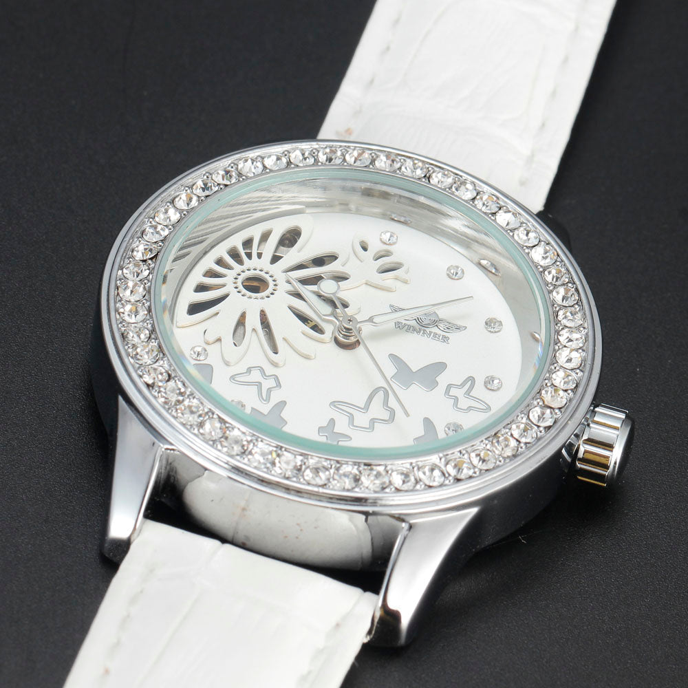 Luxury Brand WINNER Women Dress Watches Diamond Butterfly Flower Skeleton Dial Mechanical White Leather Band Ladies Wristwatches
