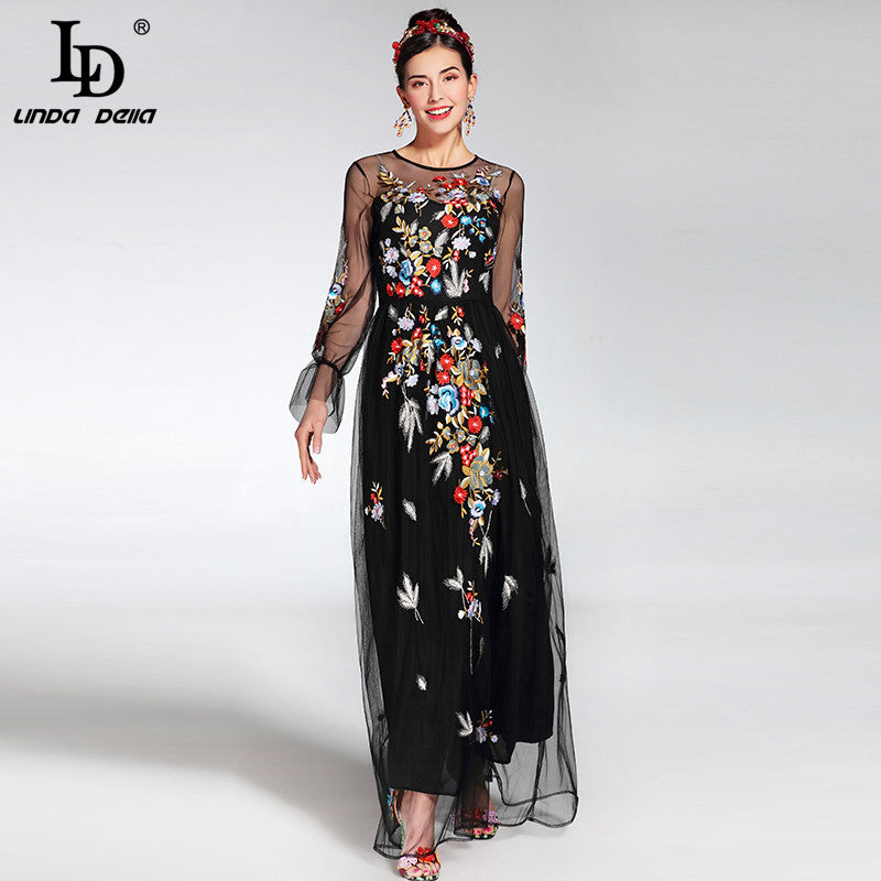 Newest Fashion Runway Maxi Dress Women's elegant Long Sleeve Tulle Gauze Flower Floral Embroidery Black Vintage Long Dress