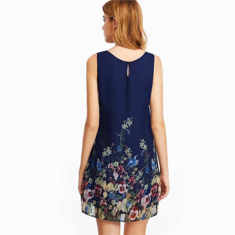 SHEIN Womens Dresses Navy Buttoned Keyhole Back Flower Print Scoop Neck Sleeveless A Line Dress