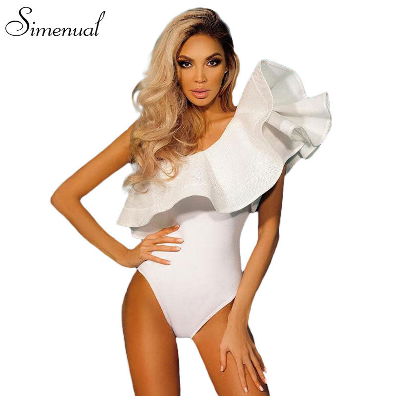One shoulder ruffles fitness bodysuit women clothing fashion   slim bodycon jumpsuits solid ladies bodysuits rompers