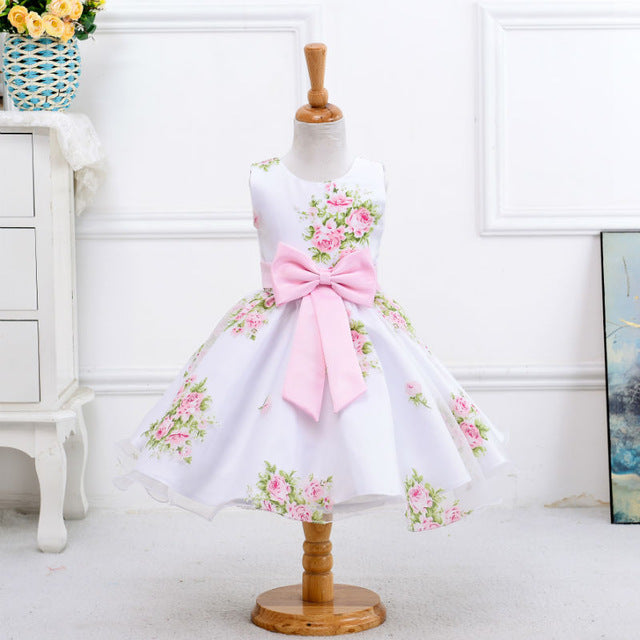 Retail new style summer baby girl print flower girl dress for wedding girls party dress with bow dress for 2-8 Years LM008