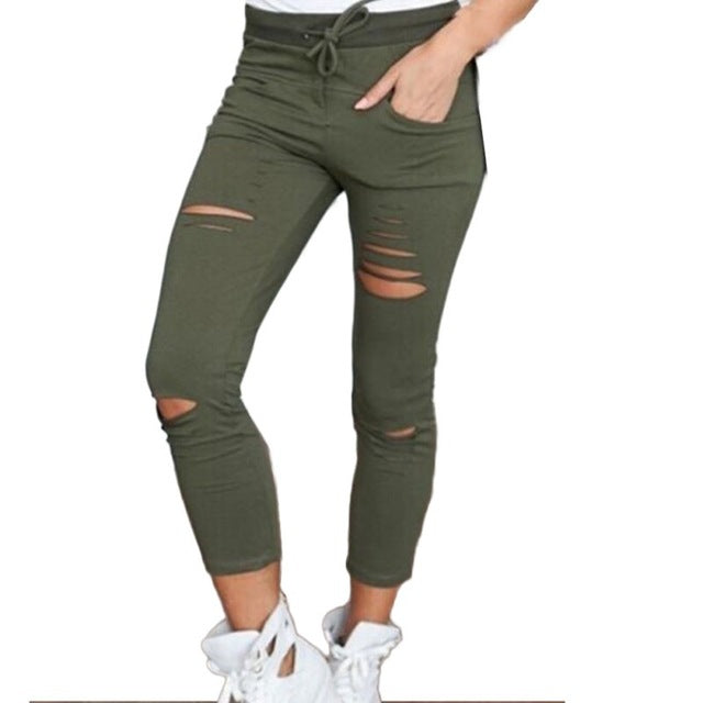 Womens Ladies Ripped Skinny Cut High Waisted Jegging Trousers Skinny High Waist Stretch Ripped Slim Pencil Pants