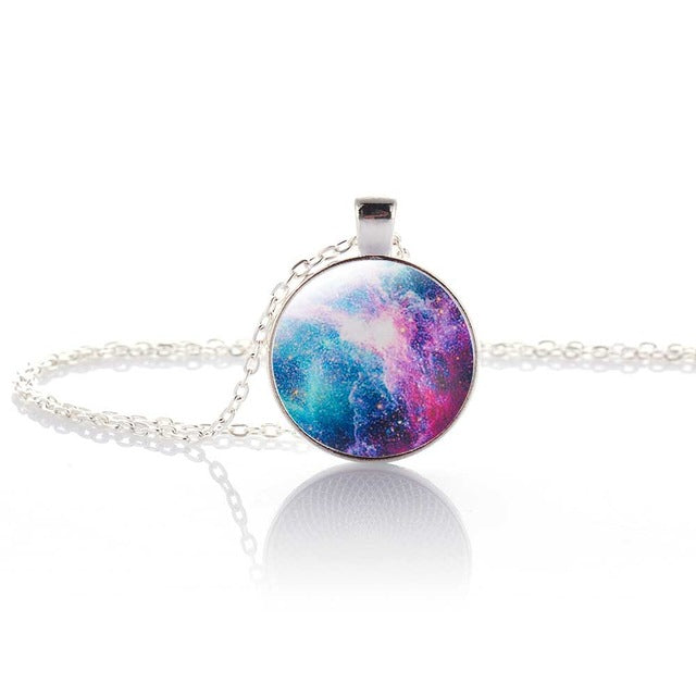 Nebula Space Pendant Necklace Glass Cabochon Sliver Chain Vintage Choker Statement Necklaces