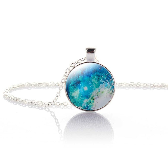 Nebula Space Pendant Necklace Glass Cabochon Sliver Chain Vintage Choker Statement Necklaces