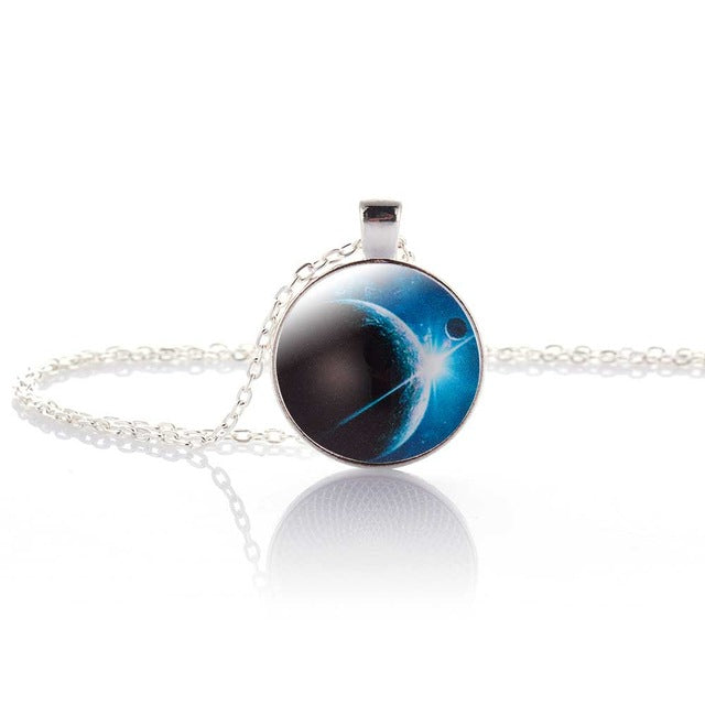 Nebula Space Pendant Necklace Glass Cabochon Sliver Chain Vintage Choker Statement Necklaces