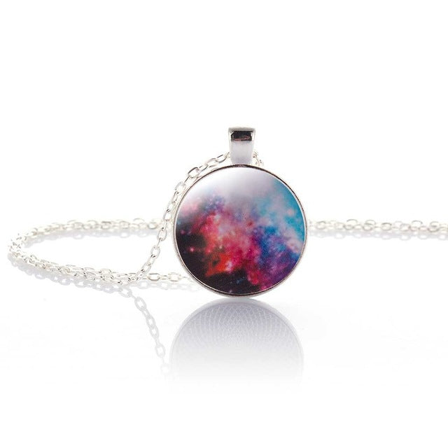 Nebula Space Pendant Necklace Glass Cabochon Sliver Chain Vintage Choker Statement Necklaces