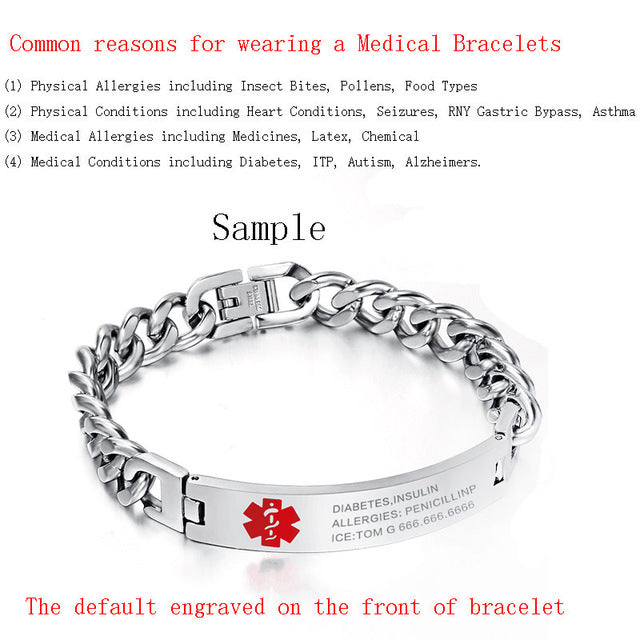 Vnox Customized Medical Remind Bracelet & Bangles ID Tag Engraved Name Stainless Steel Chain for Women / Men