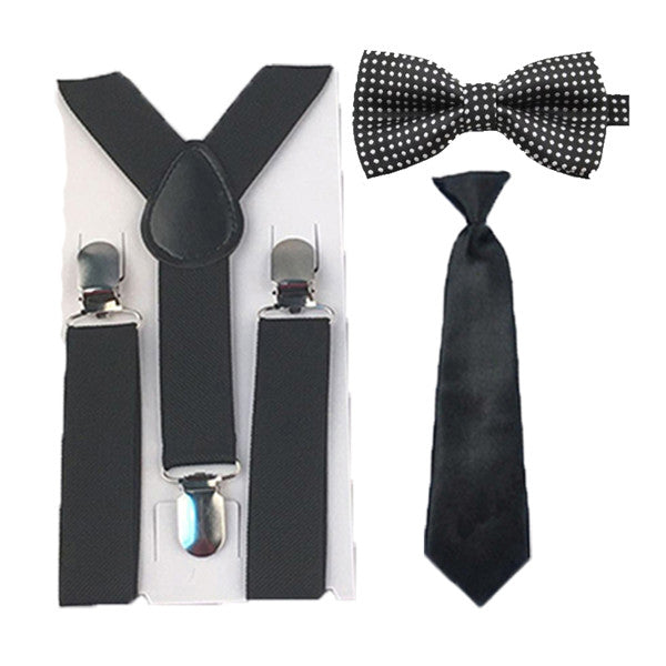 Boys Black Dots Suspenders Necktie Bowtie Ties Set