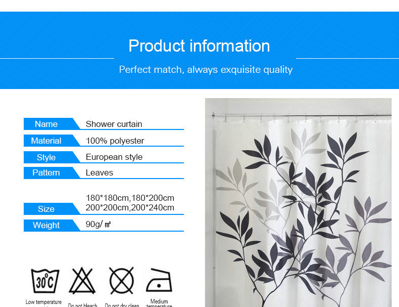 Simple 100% Polyester Shower Curtains 180x180cm Black Leaves Printed Waterproof Hooks Bathroom Curtains Home Decoration