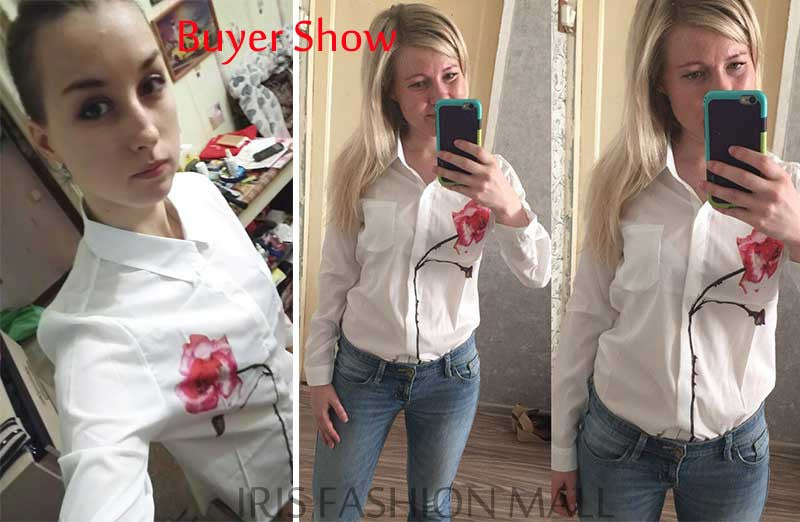 Autumn Rose Flower Printed Long Sleeve Blouse Women Turn Down Collar Chiffon Shirts White Women Clothes