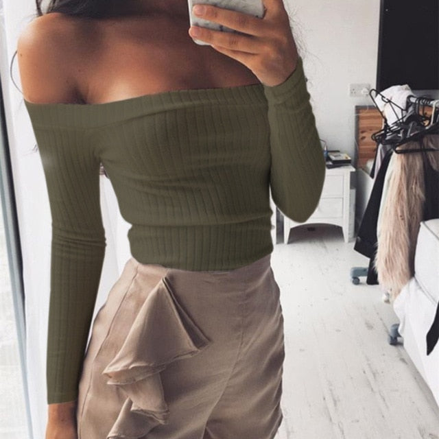 Autumn new   off shoulder crop top t shirts hot sale long sleeve solid short t-shirts for women clothing fashion slim t-shirt