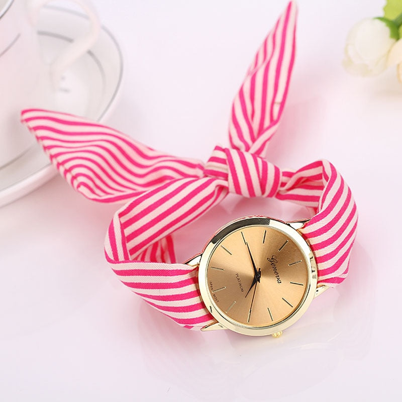 Women's Striped Ribbon Bowtie Summer Wristwatch