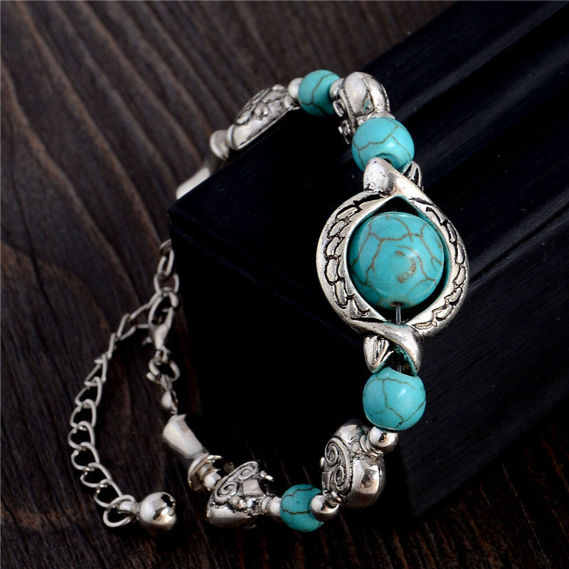 SHUANGR Bohemian Style Blue Natural Handmade Bracelets For Women Silver Color Heart Charm Bracelet Vintage Jewelry