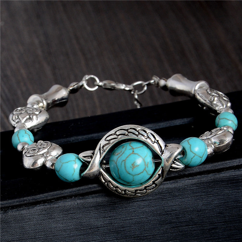 SHUANGR Bohemian Style Blue Natural Handmade Bracelets For Women Silver Color Heart Charm Bracelet Vintage Jewelry