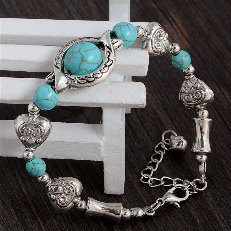 SHUANGR Bohemian Style Blue Natural Handmade Bracelets For Women Silver Color Heart Charm Bracelet Vintage Jewelry