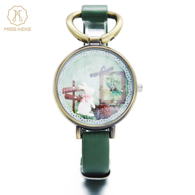 Miss Keke Clay Cute Vintage Retro Rabbit Clock Gold Women Watch Ladies Woman High Quality Leather Rope Quartz Wristwatches 926