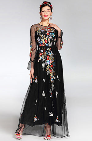 Newest Fashion Runway Maxi Dress Women's elegant Long Sleeve Tulle Gauze Flower Floral Embroidery Black Vintage Long Dress