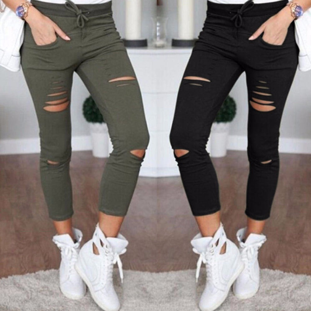 Women Fashion Cotton Hole Pencil Pants Skinny Nine Points Pants High Waist Stretch Jeans Slim Pencil Trousers Capris