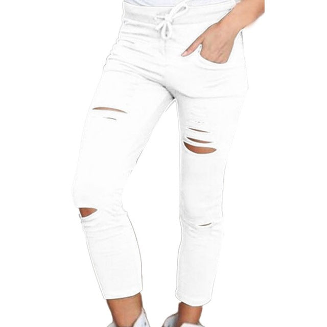 Women Fashion Cotton Hole Pencil Pants Skinny Nine Points Pants High Waist Stretch Jeans Slim Pencil Trousers Capris