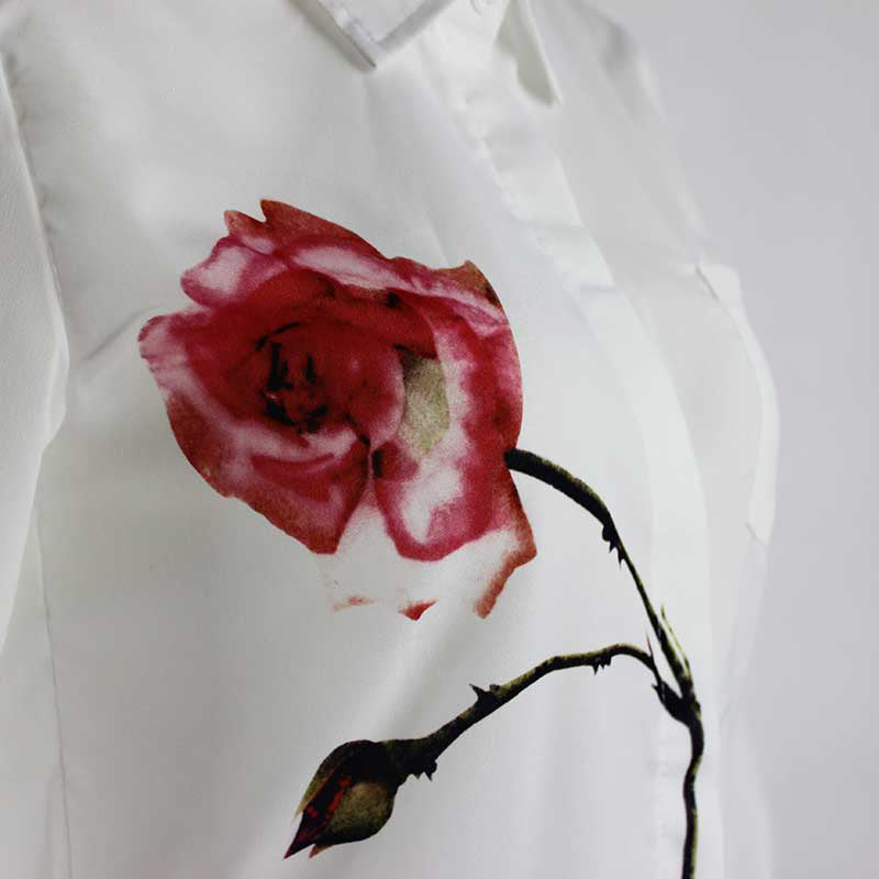 Autumn Rose Flower Printed Long Sleeve Blouse Women Turn Down Collar Chiffon Shirts White Women Clothes
