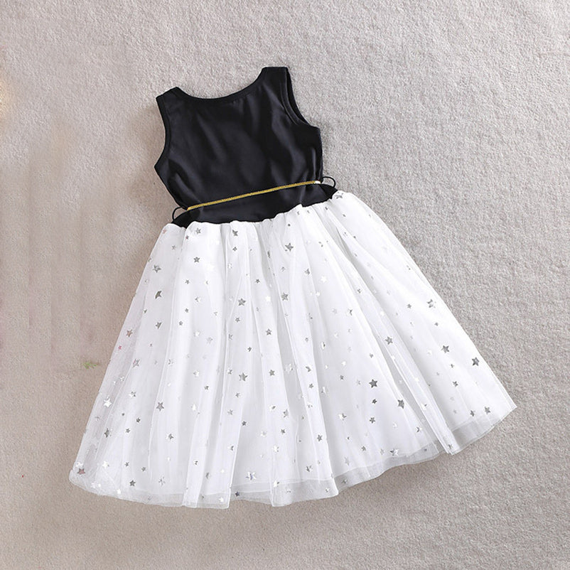 xunqicls 3-10Y Baby Girls Sequins Dress Star Printed with Belt Sleeveless Princess Party Kids Dresses
