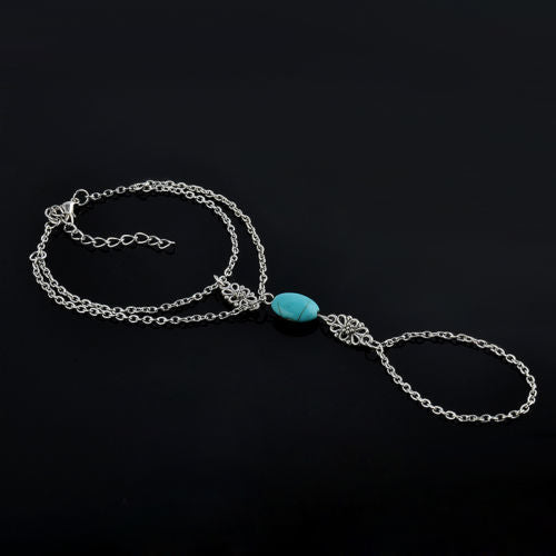 Boho Style Pierced Blue stone Finger Bracelet Muti Chains Tassel Bracelets For women Statement Jewelry