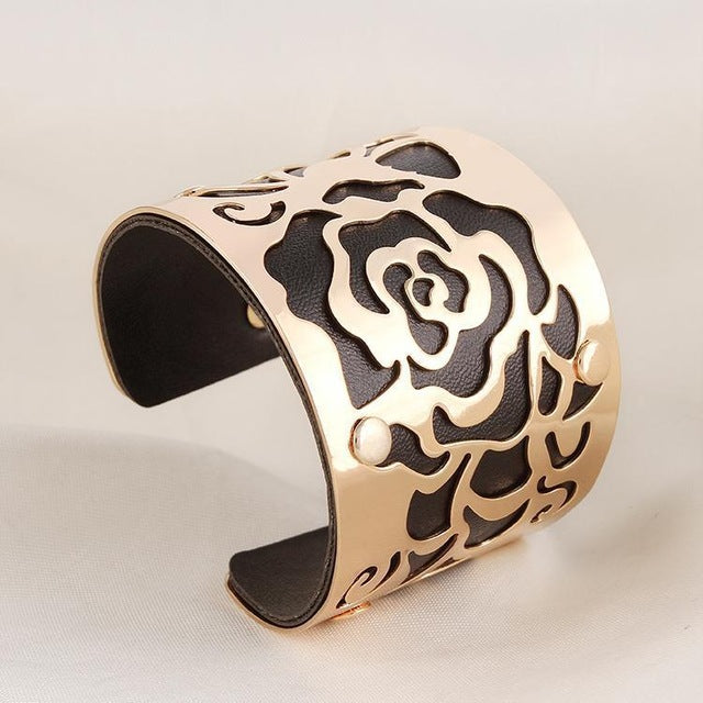 Gold-color Cuff  Bracelets H Love The Rose Flowers Bangles For Women Femme Jewelry Wide leather Bracelet Bangles S0001