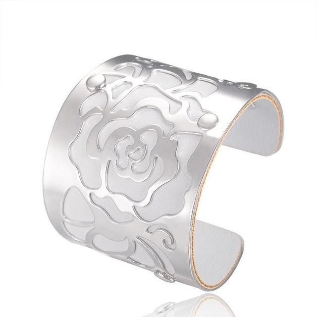 Gold-color Cuff  Bracelets H Love The Rose Flowers Bangles For Women Femme Jewelry Wide leather Bracelet Bangles S0001